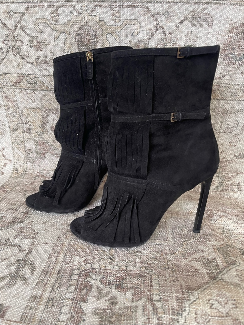 Gucci Black Suede Fringe Peep-Toe Stiletto Ankle Boots